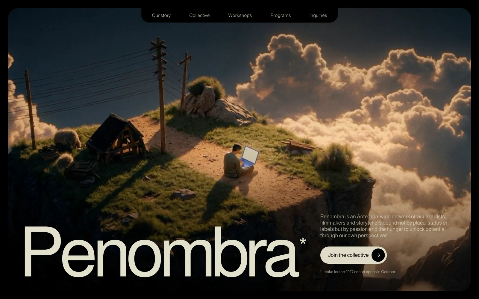 Penombra homepage hero — the cream wordmark set across the base of a full-bleed film still of a lone figure on a sunlit clifftop above the clouds