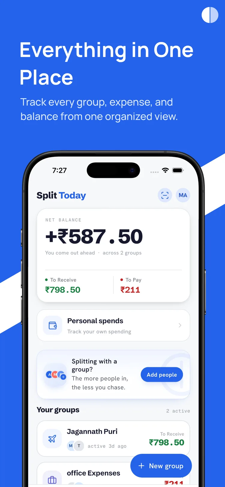 Split Today store banner, “Everything in One Place” — a phone showing the groups home with a net balance of ₹587.50 across two groups