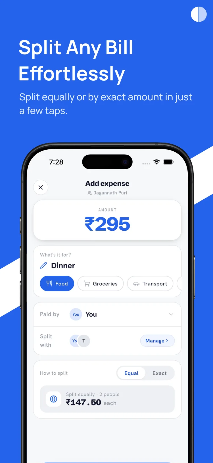 Split Today store banner, “Split Any Bill Effortlessly” — the add-expense screen with a ₹295 dinner split equally between two people