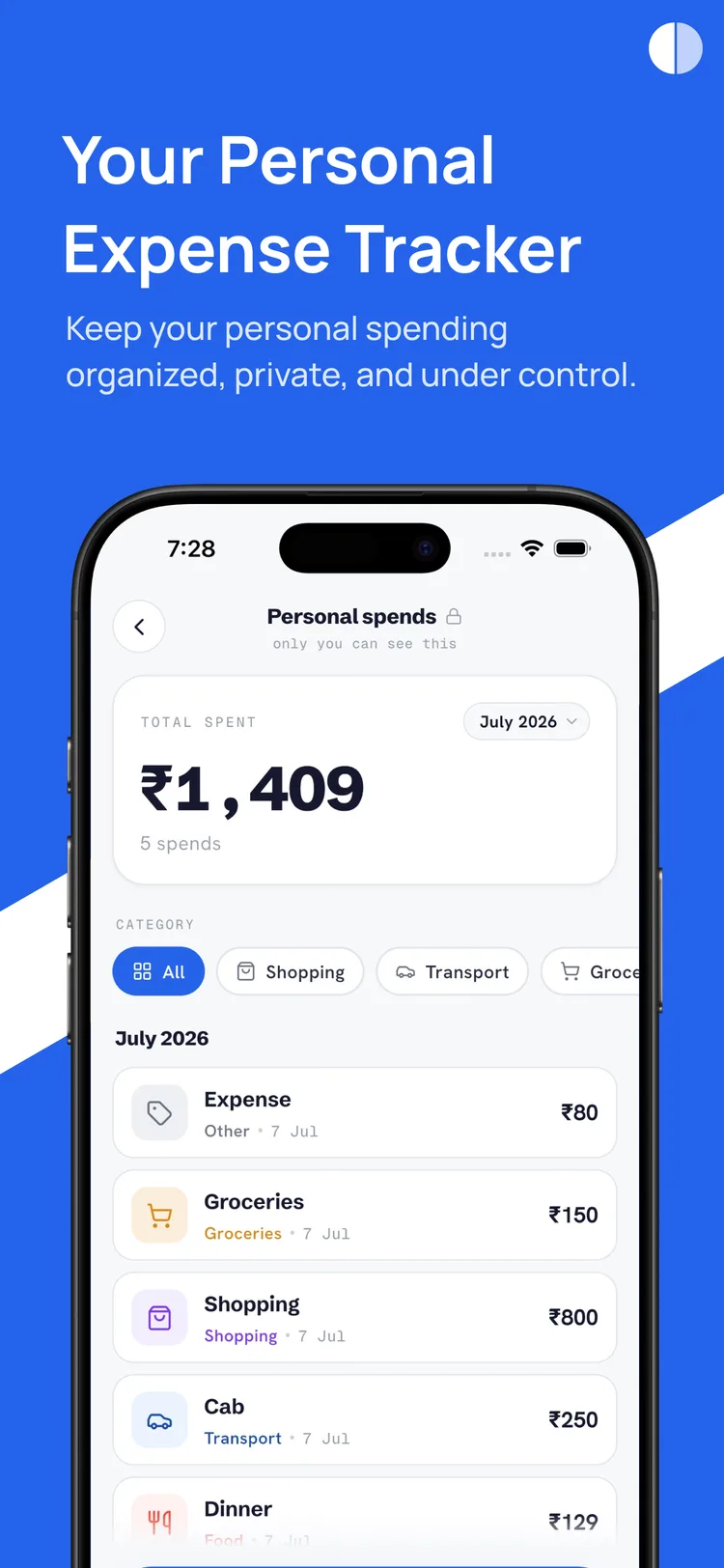 Split Today store banner, “Your Personal Expense Tracker” — the private personal-spends tracker with a ₹1,409 monthly total